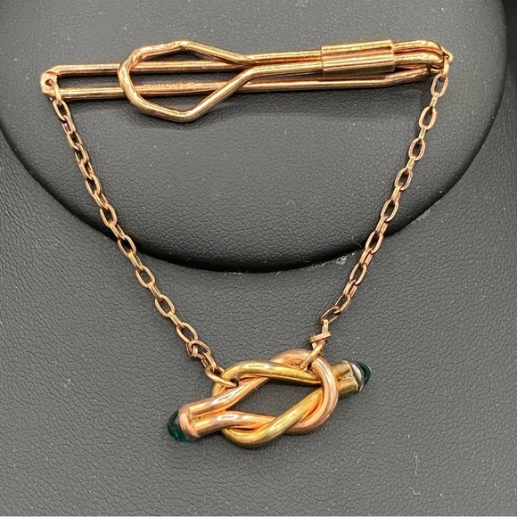 Vintage Mid Century Wedding Two Tone Love Knot Tie Bar Chain - Picture 3 of 15